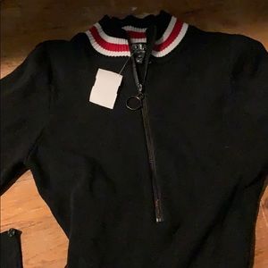 Never worn zip up bodysuit with stripe detail